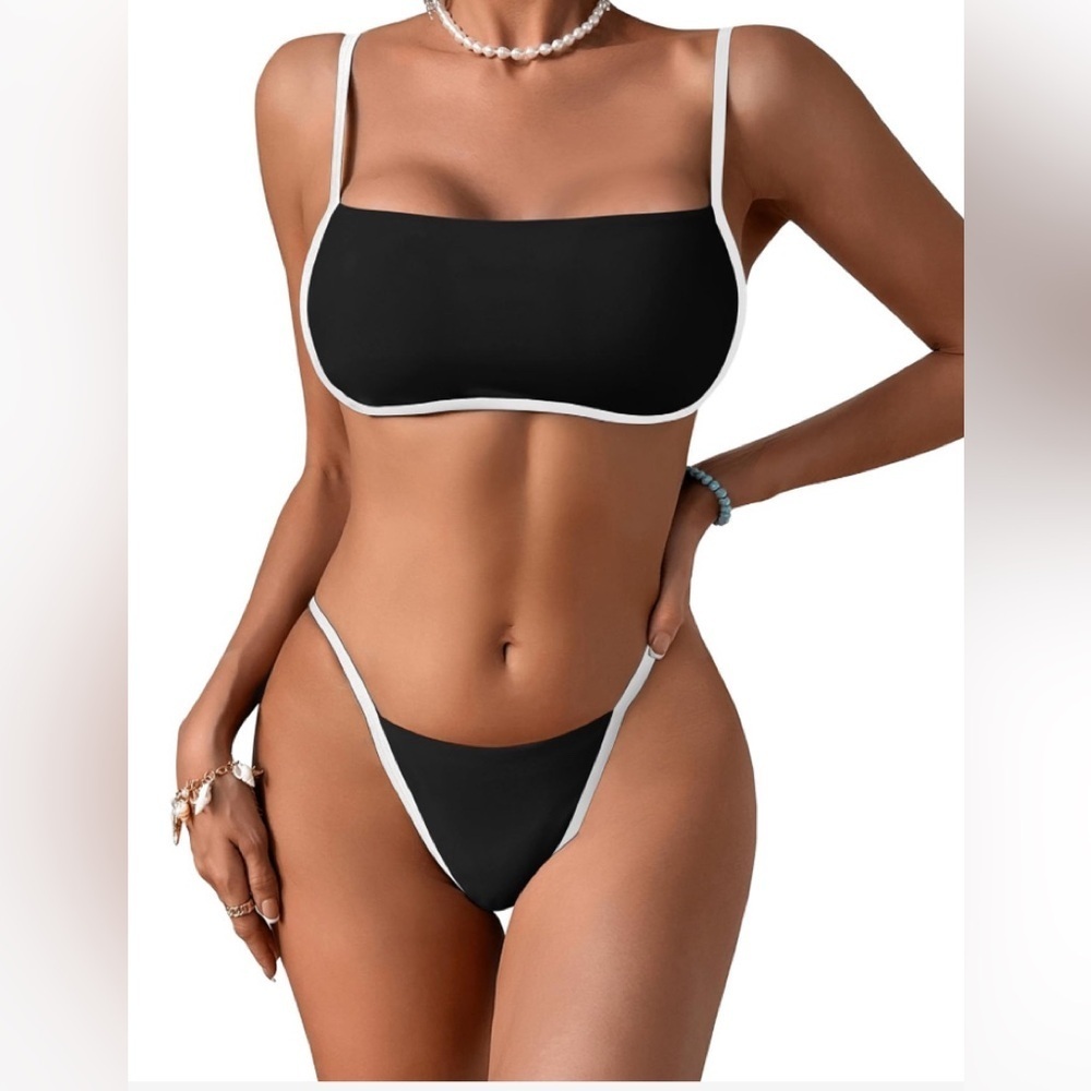 Lilosy Contrast Color Block Brazilian Swimsuit Set Women Tie Back Bathing Suit